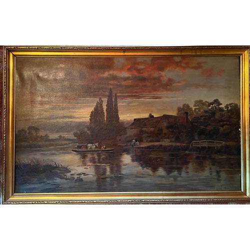 1414 - Oil on canvas river scene, a ferry crossing the river with horse and cart. Signed M. Clarke 1901 low... 