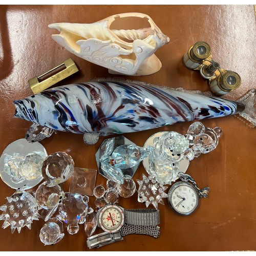 1369 - A miscellaneous lot to include Timex pocket watch, CCCP wristwatch, Swarovski animals, a glass fish,... 