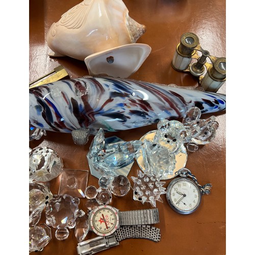 1369 - A miscellaneous lot to include Timex pocket watch, CCCP wristwatch, Swarovski animals, a glass fish,... 