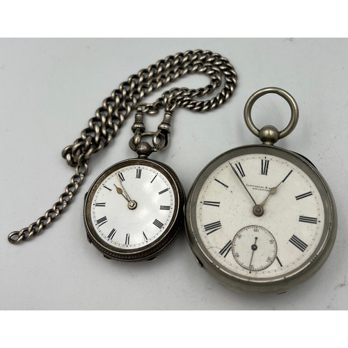 752 - Two pocket watches to include hallmarked silver with silver watch chain, 4cm d, total weight 87gm an... 