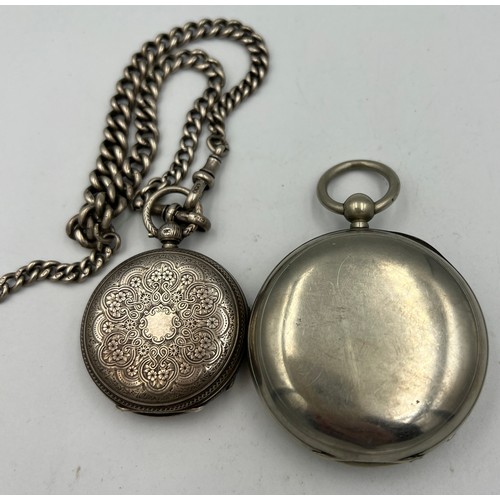 752 - Two pocket watches to include hallmarked silver with silver watch chain, 4cm d, total weight 87gm an... 