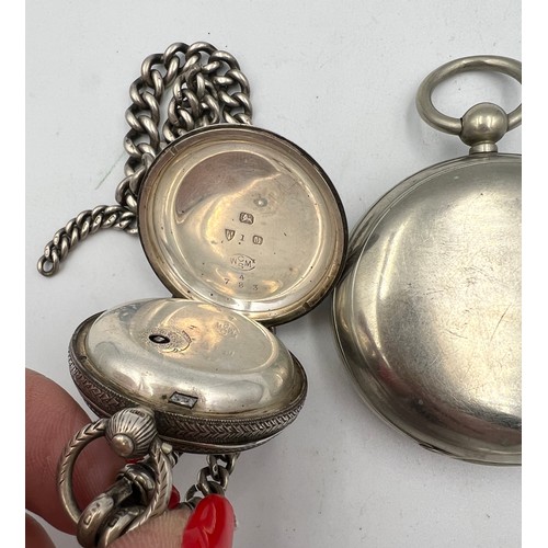 752 - Two pocket watches to include hallmarked silver with silver watch chain, 4cm d, total weight 87gm an... 