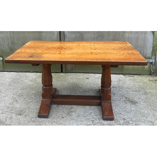 66 - A Robert Thompson ‘Mouseman’ adzed oak dining table and six chairs given by Robert Thompson to his d... 