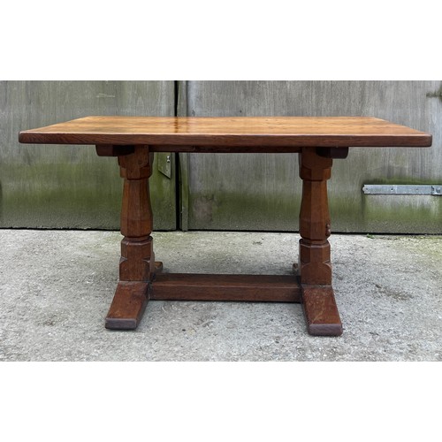 66 - A Robert Thompson ‘Mouseman’ adzed oak dining table and six chairs given by Robert Thompson to his d... 