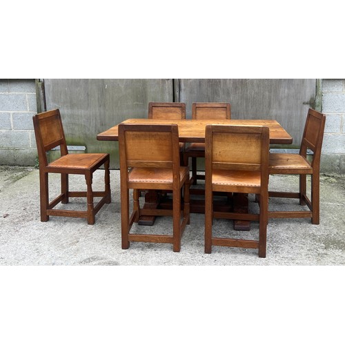 66 - A Robert Thompson ‘Mouseman’ adzed oak dining table and six chairs given by Robert Thompson to his d... 