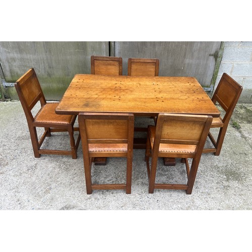 66 - A Robert Thompson ‘Mouseman’ adzed oak dining table and six chairs given by Robert Thompson to his d... 