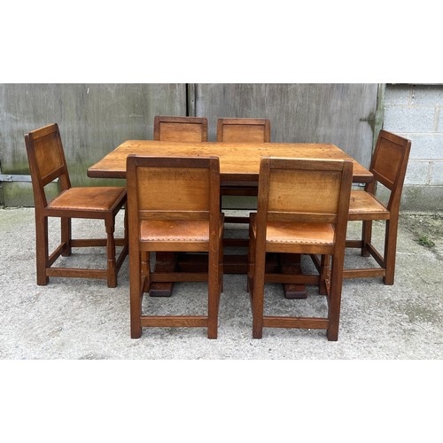 66 - A Robert Thompson ‘Mouseman’ adzed oak dining table and six chairs given by Robert Thompson to his d... 