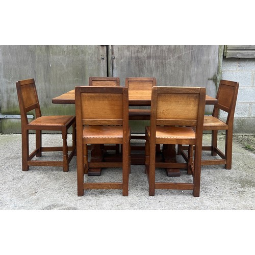 66 - A Robert Thompson ‘Mouseman’ adzed oak dining table and six chairs given by Robert Thompson to his d... 