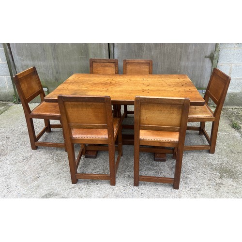 66 - A Robert Thompson ‘Mouseman’ adzed oak dining table and six chairs given by Robert Thompson to his d... 