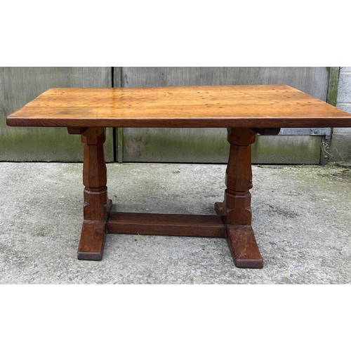 66 - A Robert Thompson ‘Mouseman’ adzed oak dining table and six chairs given by Robert Thompson to his d... 