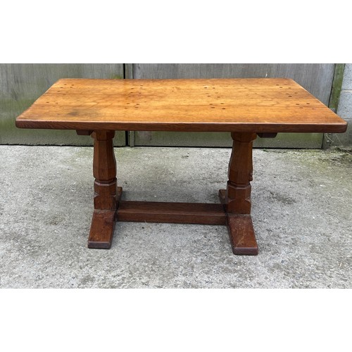 66 - A Robert Thompson ‘Mouseman’ adzed oak dining table and six chairs given by Robert Thompson to his d... 