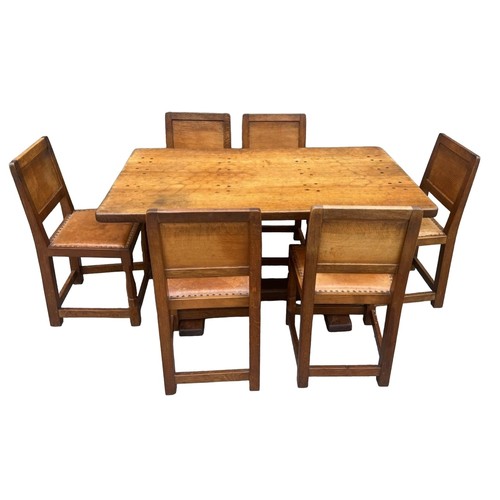 66 - A Robert Thompson ‘Mouseman’ adzed oak dining table and six chairs given by Robert Thompson to his d... 