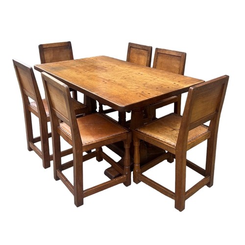 66 - A Robert Thompson ‘Mouseman’ adzed oak dining table and six chairs given by Robert Thompson to his d...