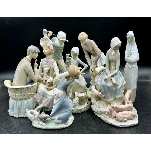 241 - A quantity of Lladro: Girl with Milk Pail 23cm h, Girl with Dog Pulling on Skirt, Girl with Pigs fig... 