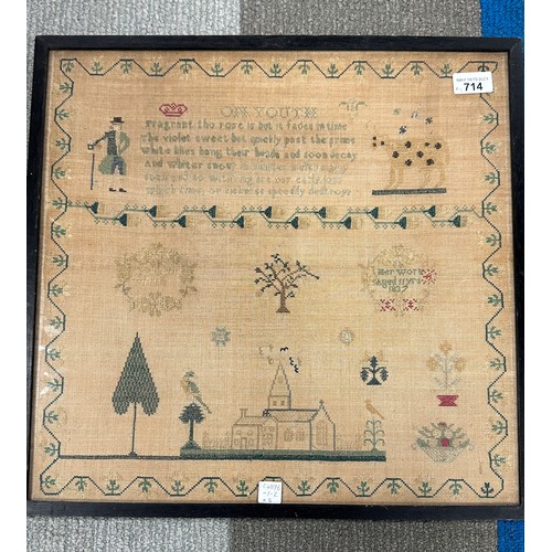 714 - Three early 19thC cross stitch samplers to include times table Mary Whittle’s work 1816, 32cm x 32cm... 