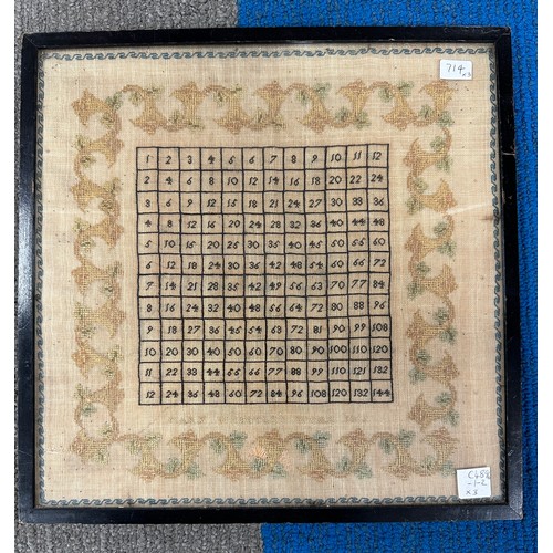 714 - Three early 19thC cross stitch samplers to include times table Mary Whittle’s work 1816, 32cm x 32cm... 