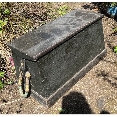 134 - A 19thC stained pine sea chest with painted rope handles. 94cm x 40cm x 49cm h.