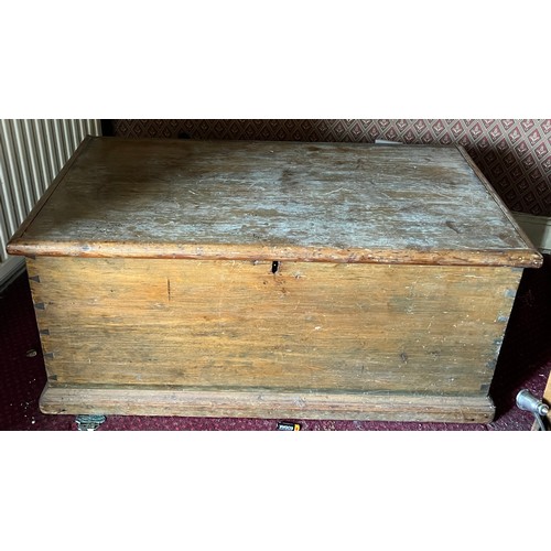 120 - Pine blanket box with metal carrying handles. 99cm x 50cm x 44cm h.