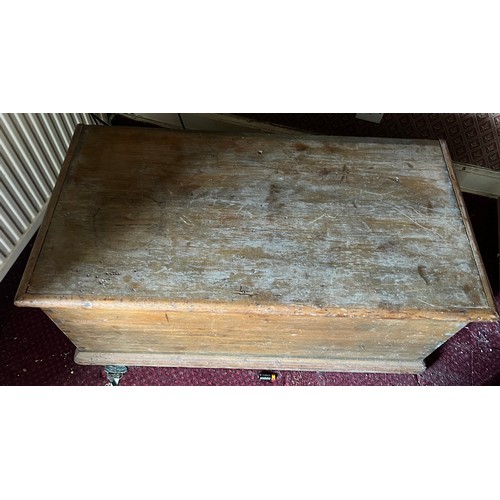 120 - Pine blanket box with metal carrying handles. 99cm x 50cm x 44cm h.