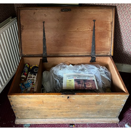 120 - Pine blanket box with metal carrying handles. 99cm x 50cm x 44cm h.