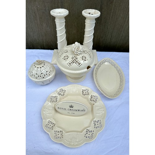 342 - A selection of 20thC Royal Creamware to include 2 x candlesticks 22.5cm h, 8 x plates 27.5cm d, 8 x ... 