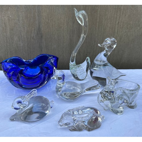 409 - Mid Century glass to include a heavy blue bullicante dish, Wedgwood duck, 2 x rabbits, goose 24cm h ... 