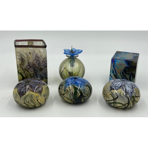 466 - Timothy Harris - Isle of Wight- A square paperweight signed and dated 2003 and a square lilac vase 1... 