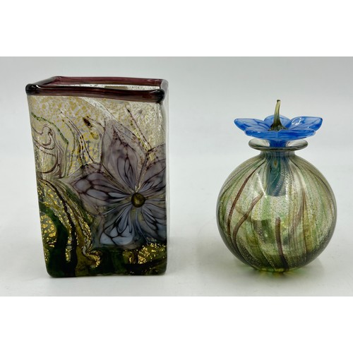 466 - Timothy Harris - Isle of Wight- A square paperweight signed and dated 2003 and a square lilac vase 1... 