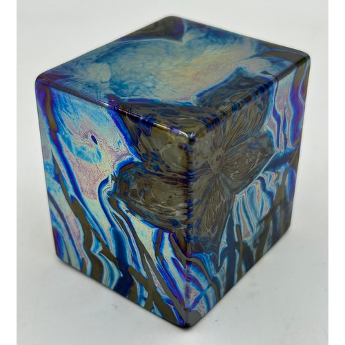 466 - Timothy Harris - Isle of Wight- A square paperweight signed and dated 2003 and a square lilac vase 1... 