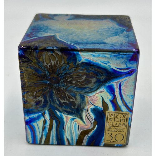 466 - Timothy Harris - Isle of Wight- A square paperweight signed and dated 2003 and a square lilac vase 1... 