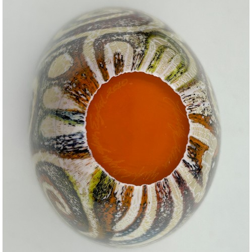 476 - Isle of Wight 'Sgraffitto' Jazz Oval vase with orange interior 16cm h signed to the base (2010), vas... 