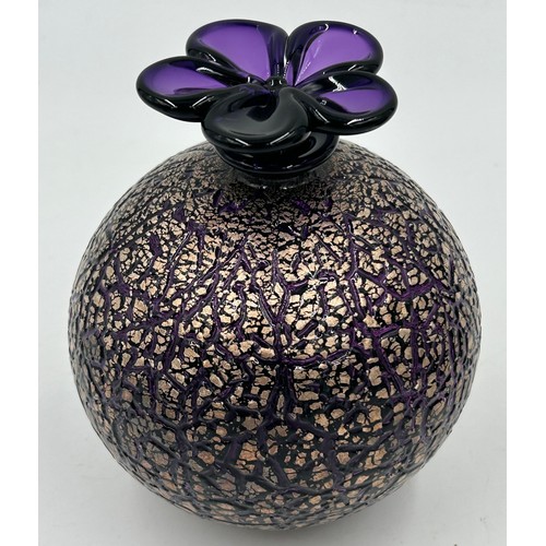 507 - Isle of Wight studio glass 'Crizzle' globe perfume bottles with flower stoppers designed by Timothy ... 