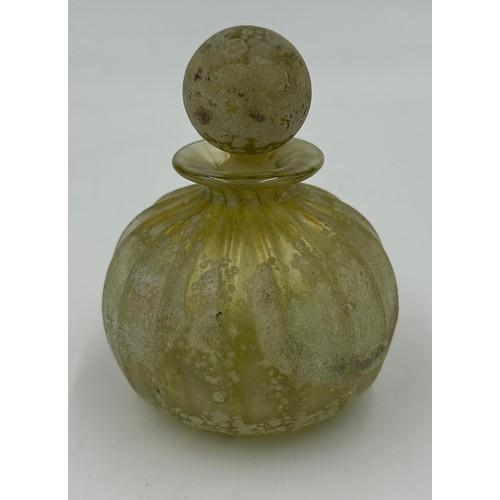 509 - Isle of Wight studio glass Green round perfume bottle with stopper 9cm h designed by Timothy Harris ... 