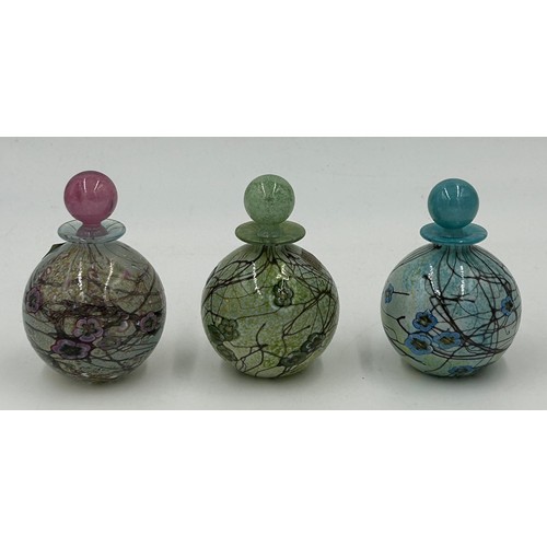 510 - Isle of Wight studio glass 3 x Globe perfume bottles with stoppers 10cm h in 'Garden' design by Timo... 