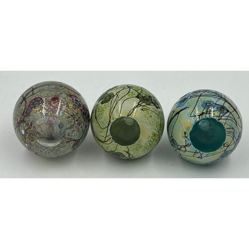 510 - Isle of Wight studio glass 3 x Globe perfume bottles with stoppers 10cm h in 'Garden' design by Timo... 