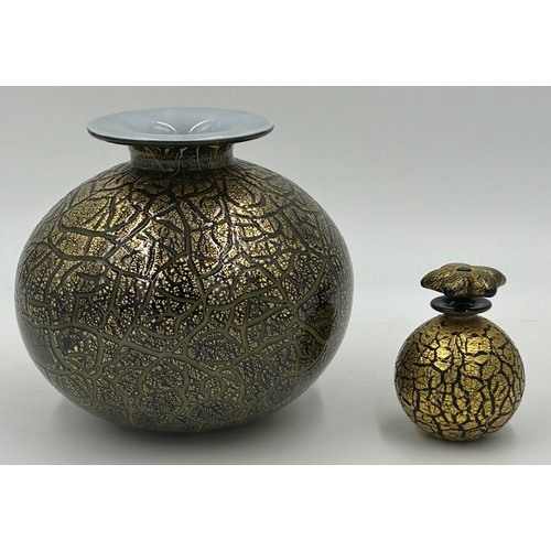 523 - Isle of Wight studio glass by Timothy Harris 'Crizzle' black & gold to include a large globe vase 18... 