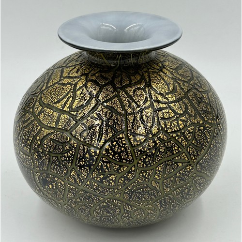 523 - Isle of Wight studio glass by Timothy Harris 'Crizzle' black & gold to include a large globe vase 18... 