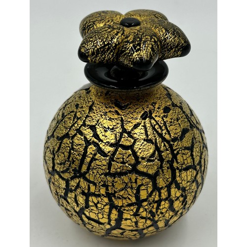 523 - Isle of Wight studio glass by Timothy Harris 'Crizzle' black & gold to include a large globe vase 18... 