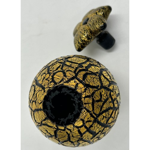 523 - Isle of Wight studio glass by Timothy Harris 'Crizzle' black & gold to include a large globe vase 18... 