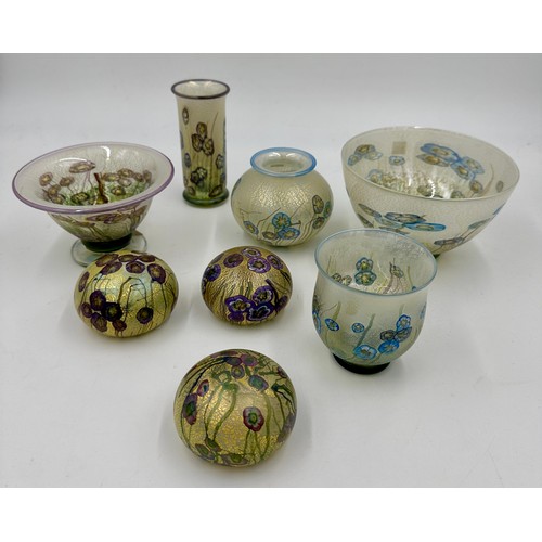 537 - Timothy Harris - The Isle of Wight - Wild Garden.  Two vases (one signed to base) and a bowl 14.5cm ... 