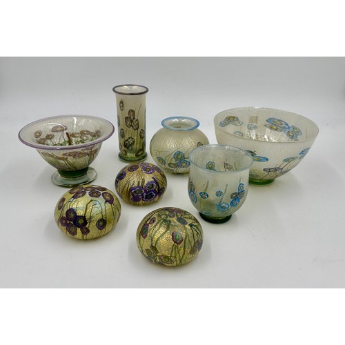 537 - Timothy Harris - The Isle of Wight - Wild Garden.  Two vases (one signed to base) and a bowl 14.5cm ... 