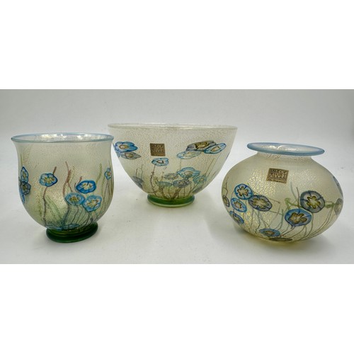 537 - Timothy Harris - The Isle of Wight - Wild Garden.  Two vases (one signed to base) and a bowl 14.5cm ... 