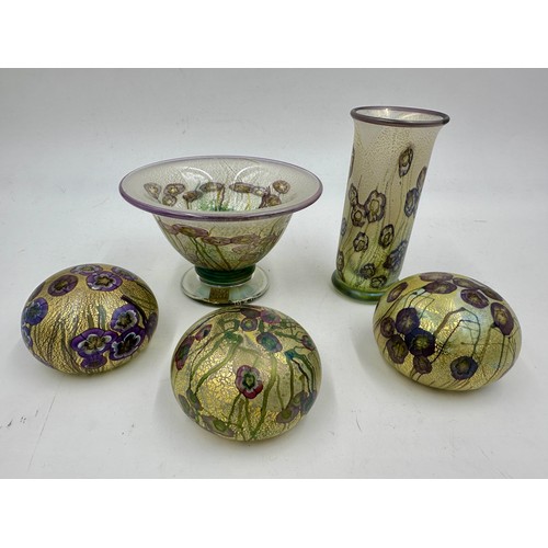 537 - Timothy Harris - The Isle of Wight - Wild Garden.  Two vases (one signed to base) and a bowl 14.5cm ... 