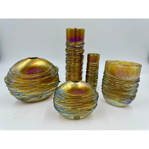 538 - Five vases from the Nightsea Collection by Timothy Harris, Isle of Wight in the gold colourway to in... 