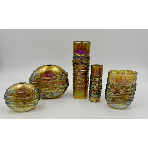 538 - Five vases from the Nightsea Collection by Timothy Harris, Isle of Wight in the gold colourway to in... 