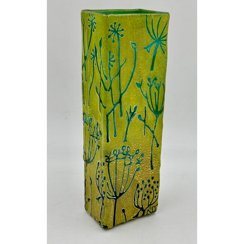 A Gold/Lime Fennel square commission day piece/ vase  by Timothy Harris, Isle of Wight. Signed and dated 2016 to the base with gold label. 27.5cm h x 9cm x 6.5cm.