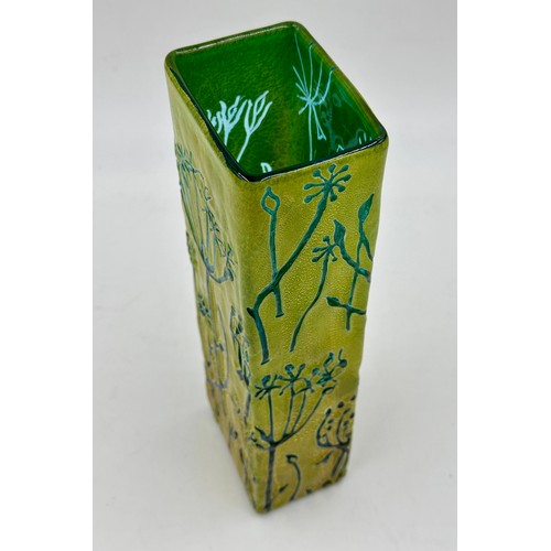 541 - A Gold/Lime Fennel square commission day piece/ vase  by Timothy Harris, Isle of Wight. Signed and d... 