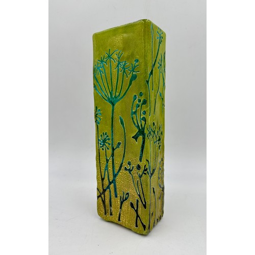 541 - A Gold/Lime Fennel square commission day piece/ vase  by Timothy Harris, Isle of Wight. Signed and d... 