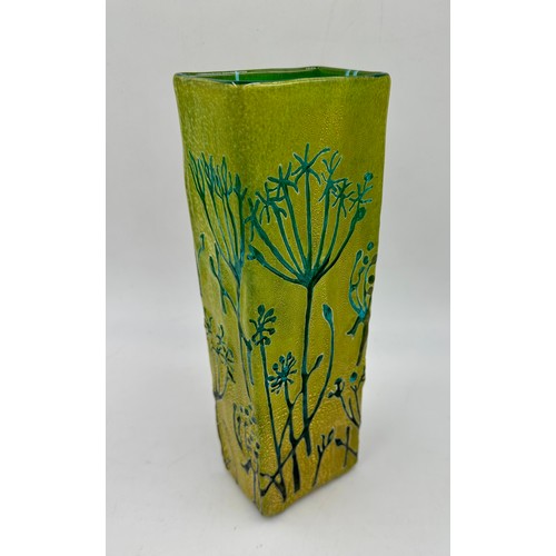 541 - A Gold/Lime Fennel square commission day piece/ vase  by Timothy Harris, Isle of Wight. Signed and d... 