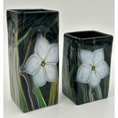 542 - Two square vases from the Isle of Wight Studio Glass 'Flower Box' Collection in the black colourway ... 